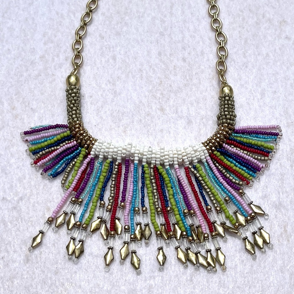 Chico's Colorful Rainbow Cluster Seed Bead Bib Necklace Summer Vibes Boho